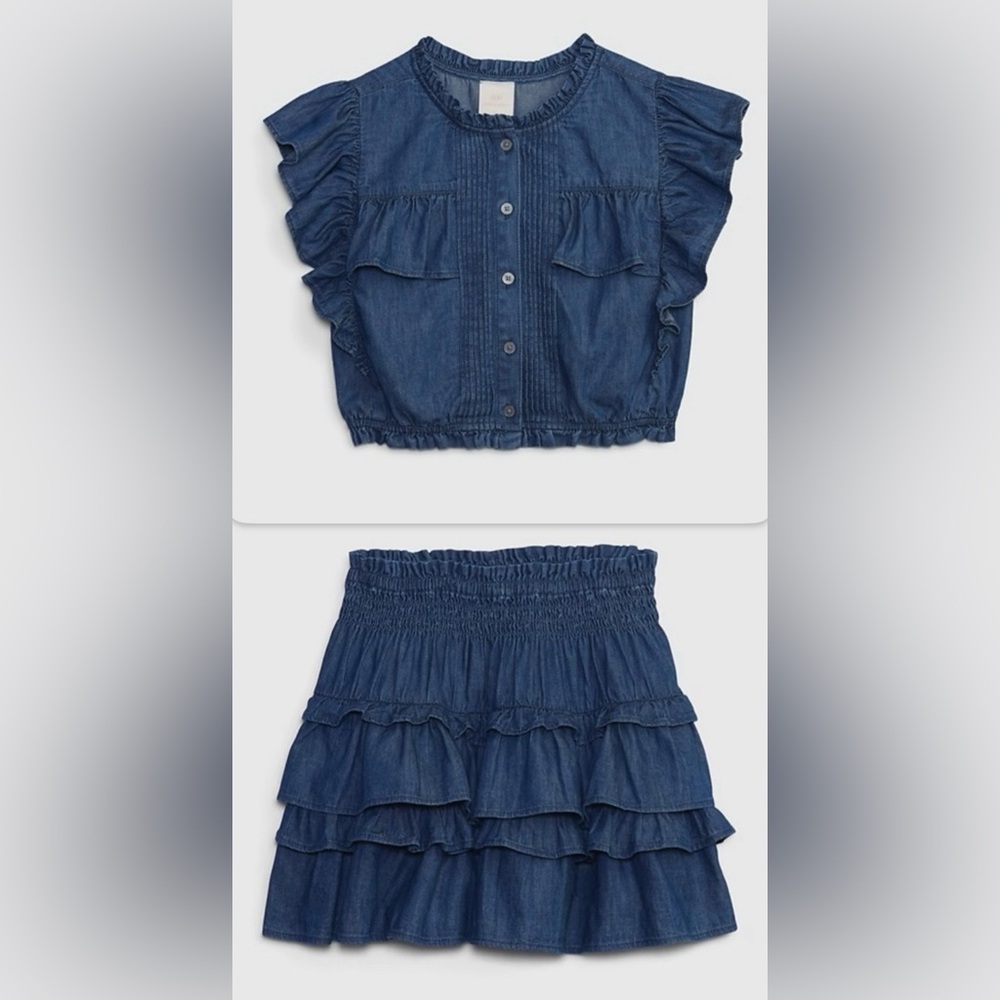 GAP x LoveShackFancy Girls’ Denim Ruffled Top & Skirt Set - Size Small